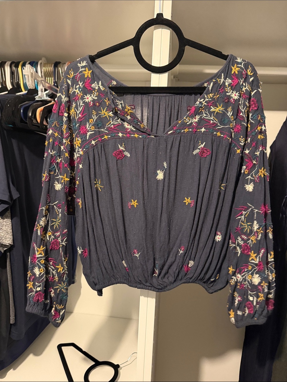 Embroidered V-Neck Peasant Top in Slate Blue